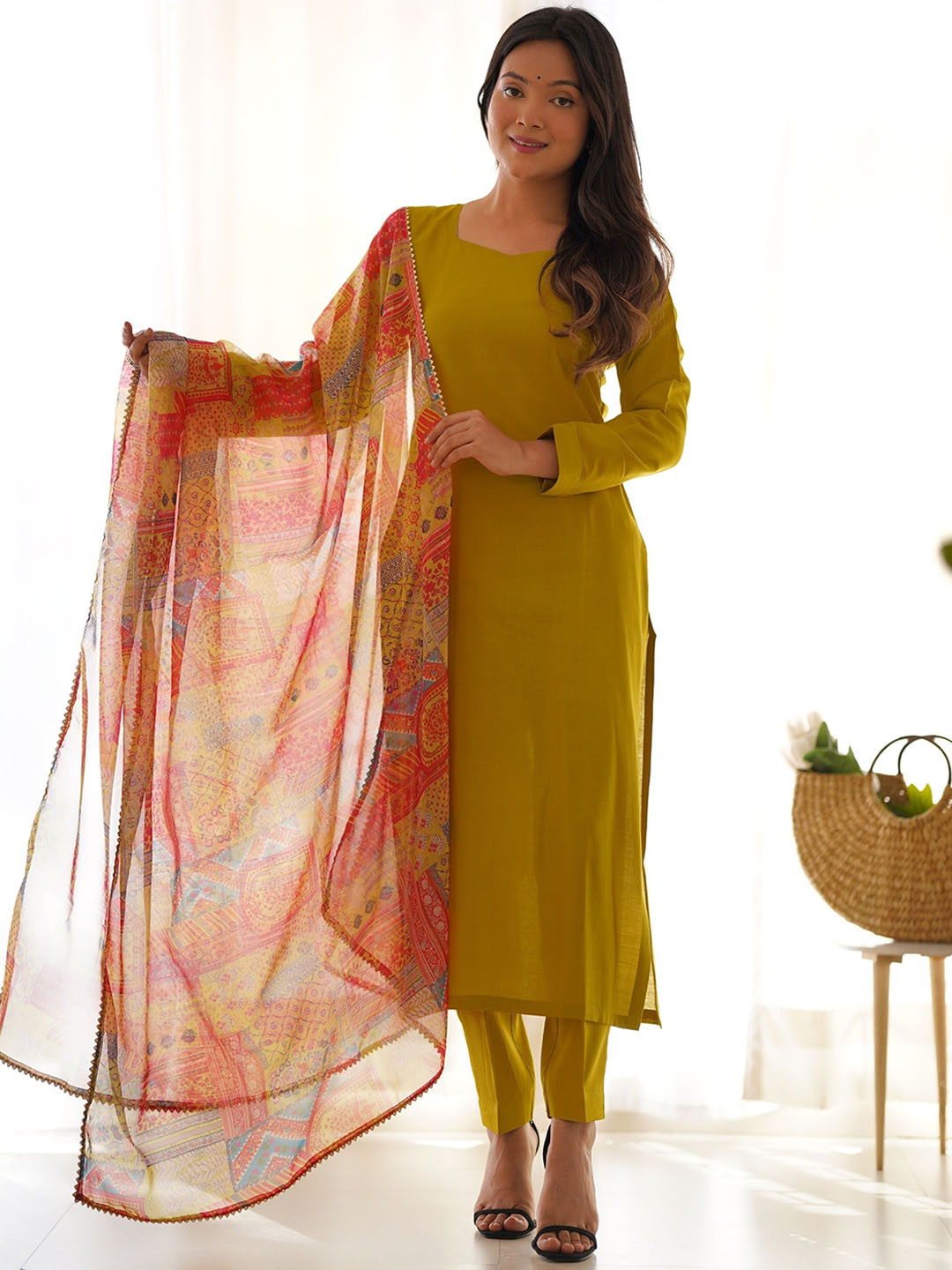 

KALINI Regular Pure Cotton Straight Kurta With Trousers & Dupatta, Mustard