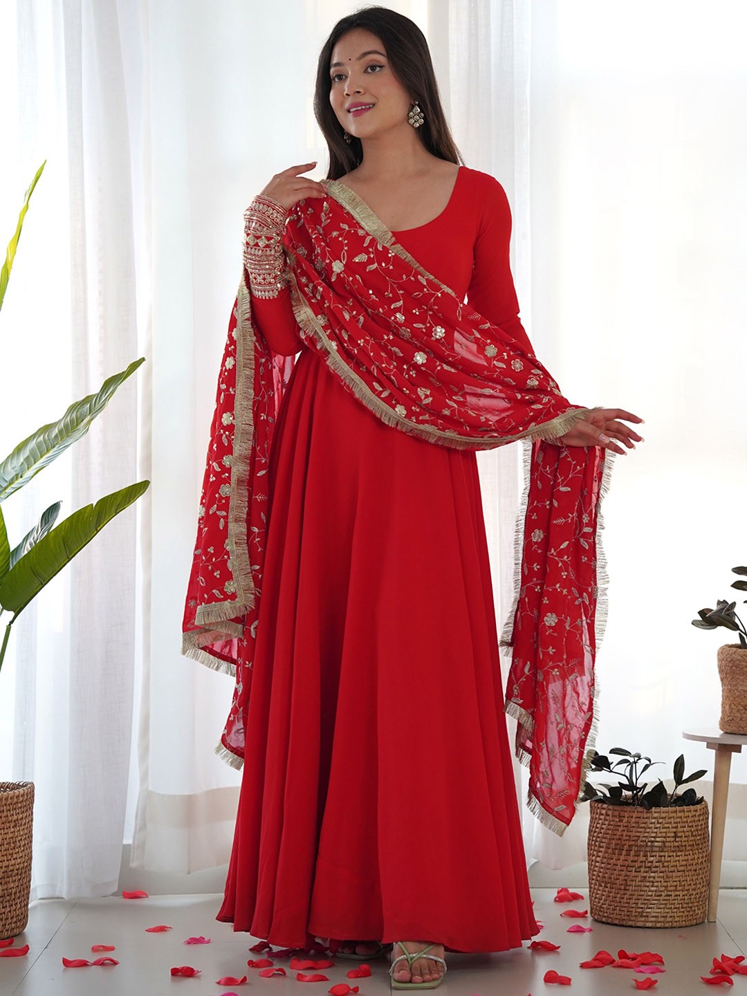 

KALINI Sequinned Round Neck Empire Anarkali Kurta With Palazzos & Dupatta, Red
