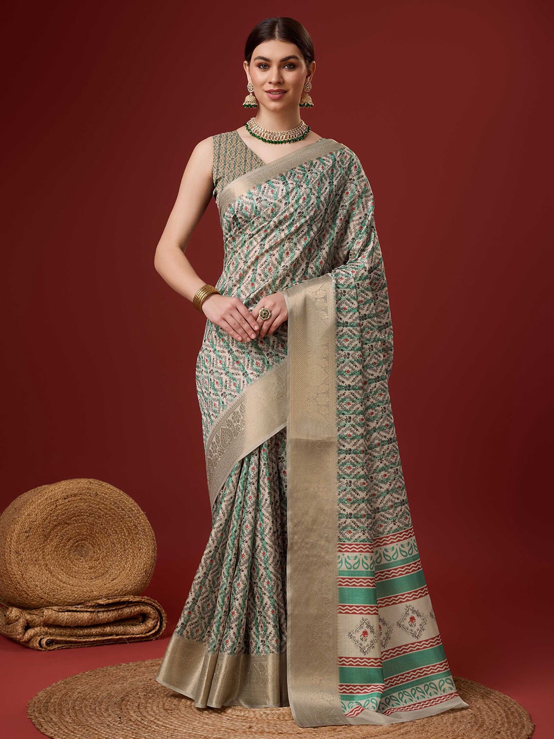 

Mitera Ethnic Motifs Cotton Zari Saree, Beige