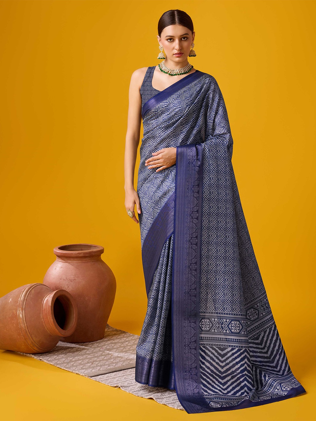 

Mitera Zari Cotton Blend Saree With Blouse Piece, Blue