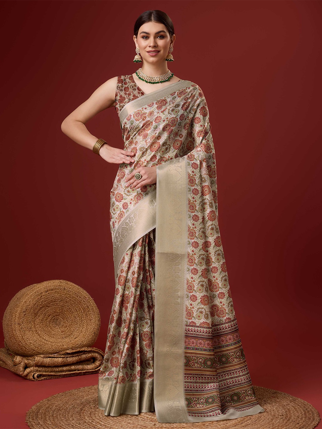 

Mitera Floral Cotton Zari Saree, Grey