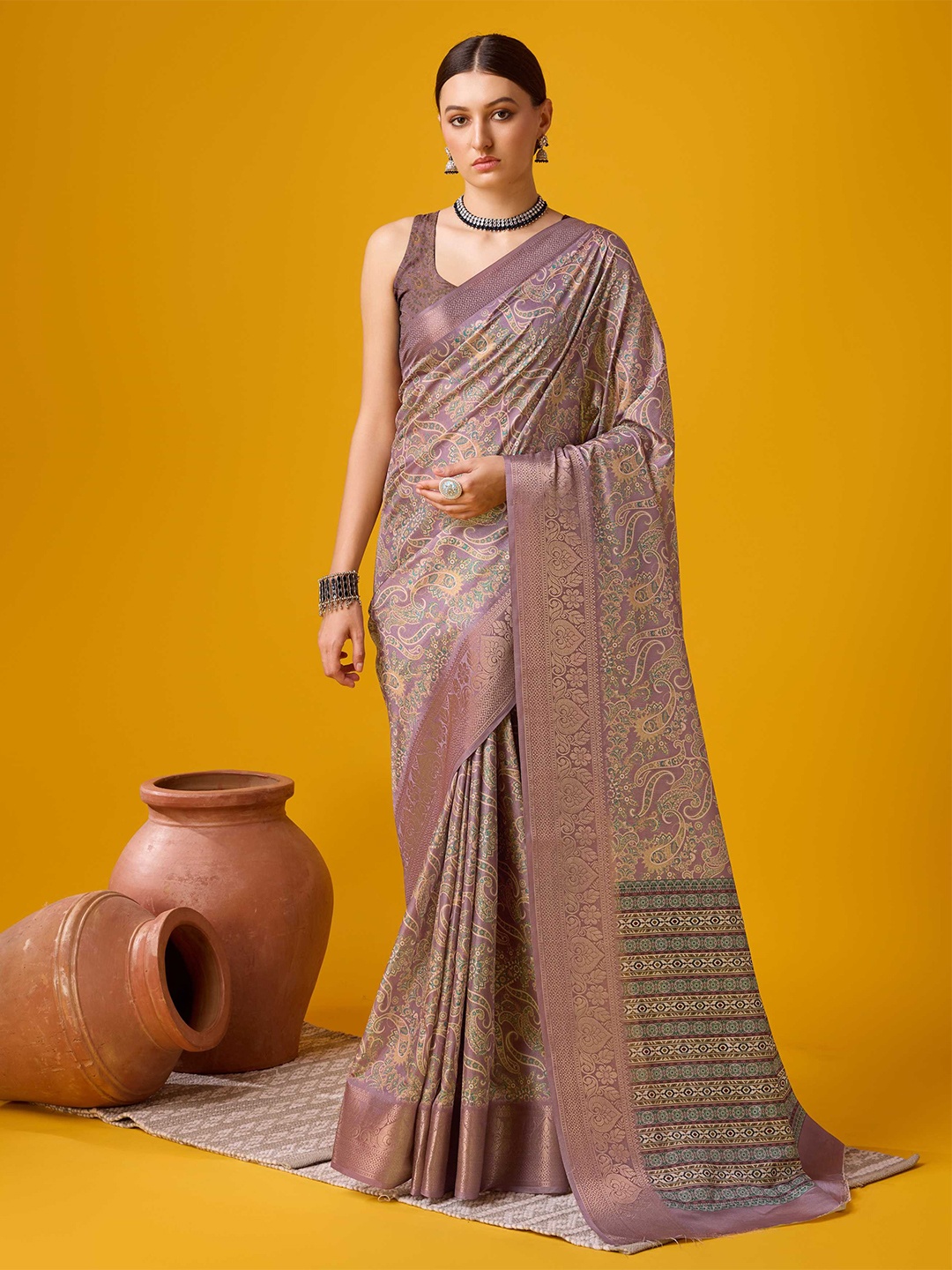 

Mitera Paisley Cotton Zari Saree, Lavender