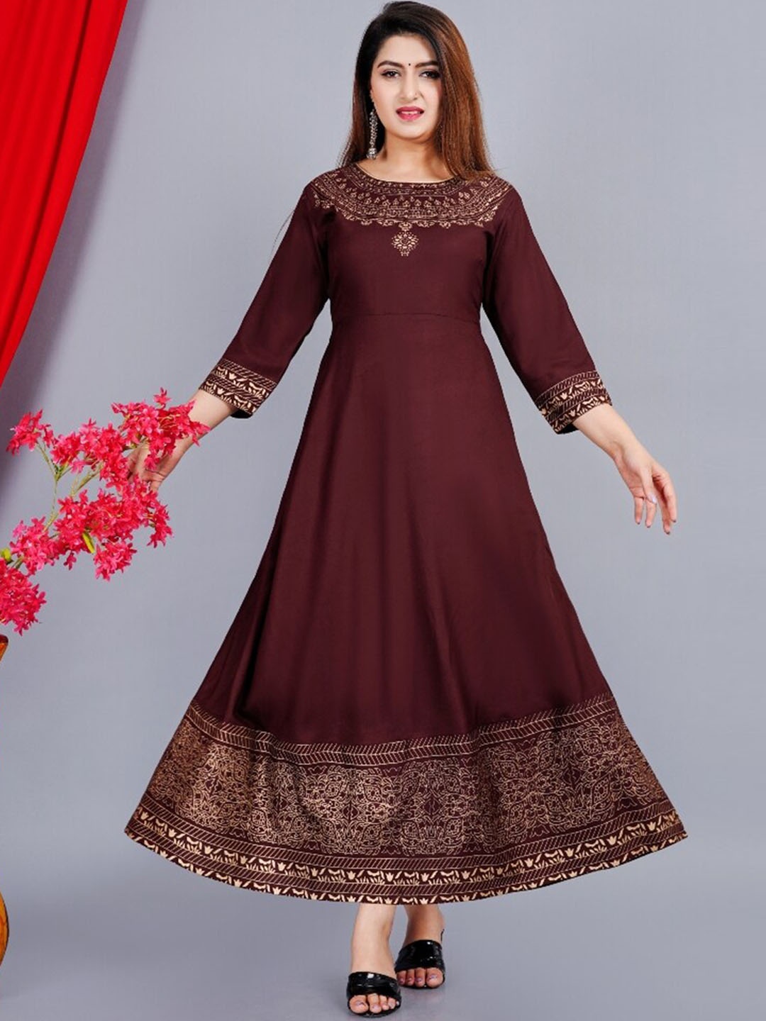 

NEW STYLISH Women Ethnic Motifs Printed Block Print Anarkali Kurta, Coffee brown