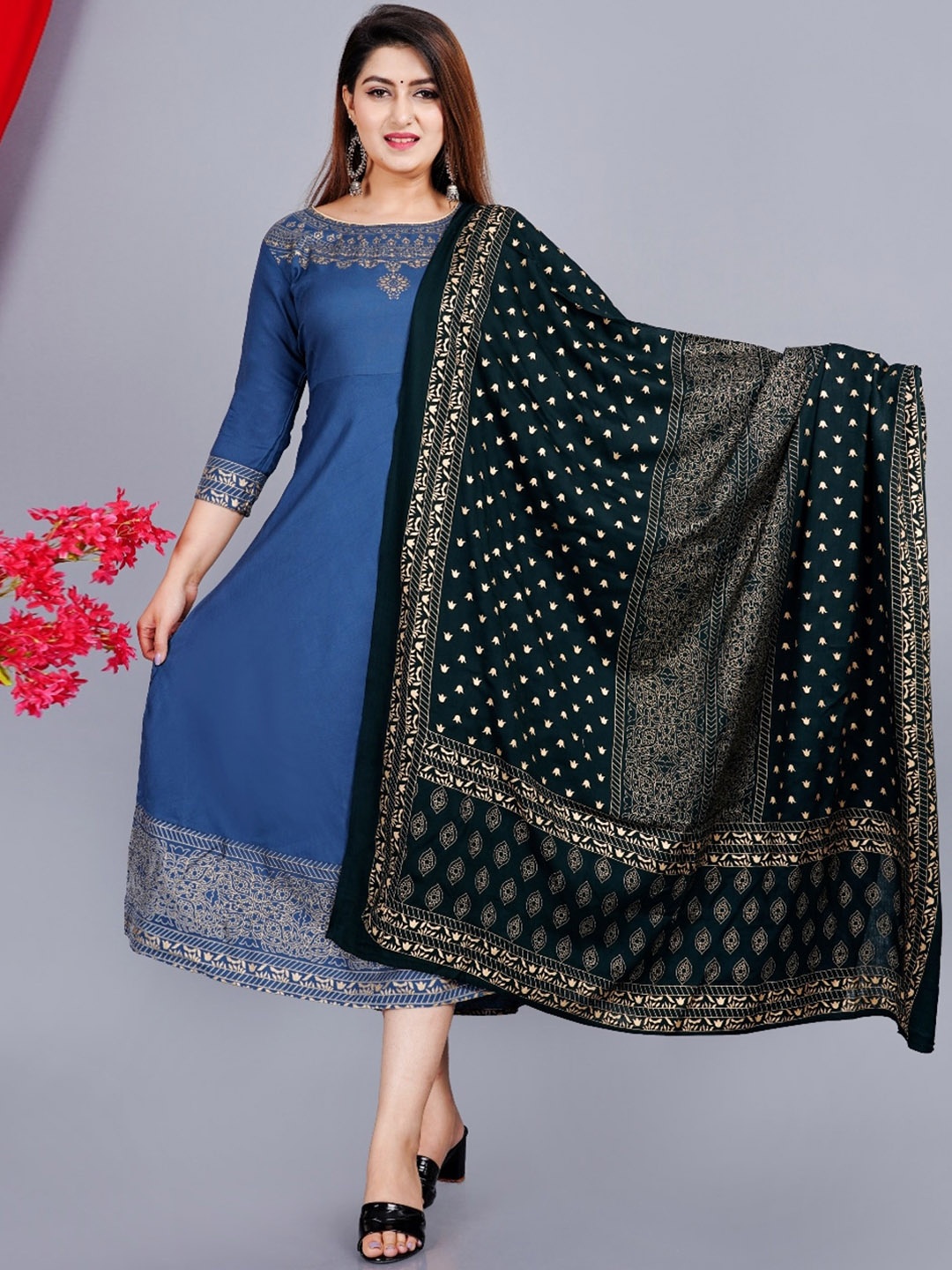 

NEW STYLISH Women Ethnic Motifs Printed Flared Sleeves Block Print Kurta, Blue