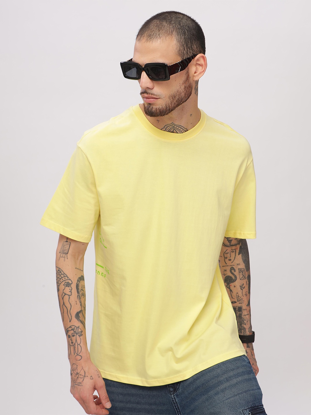 

WROGN Men Round Neck Oversized Typography Printed T-shirt, Yellow