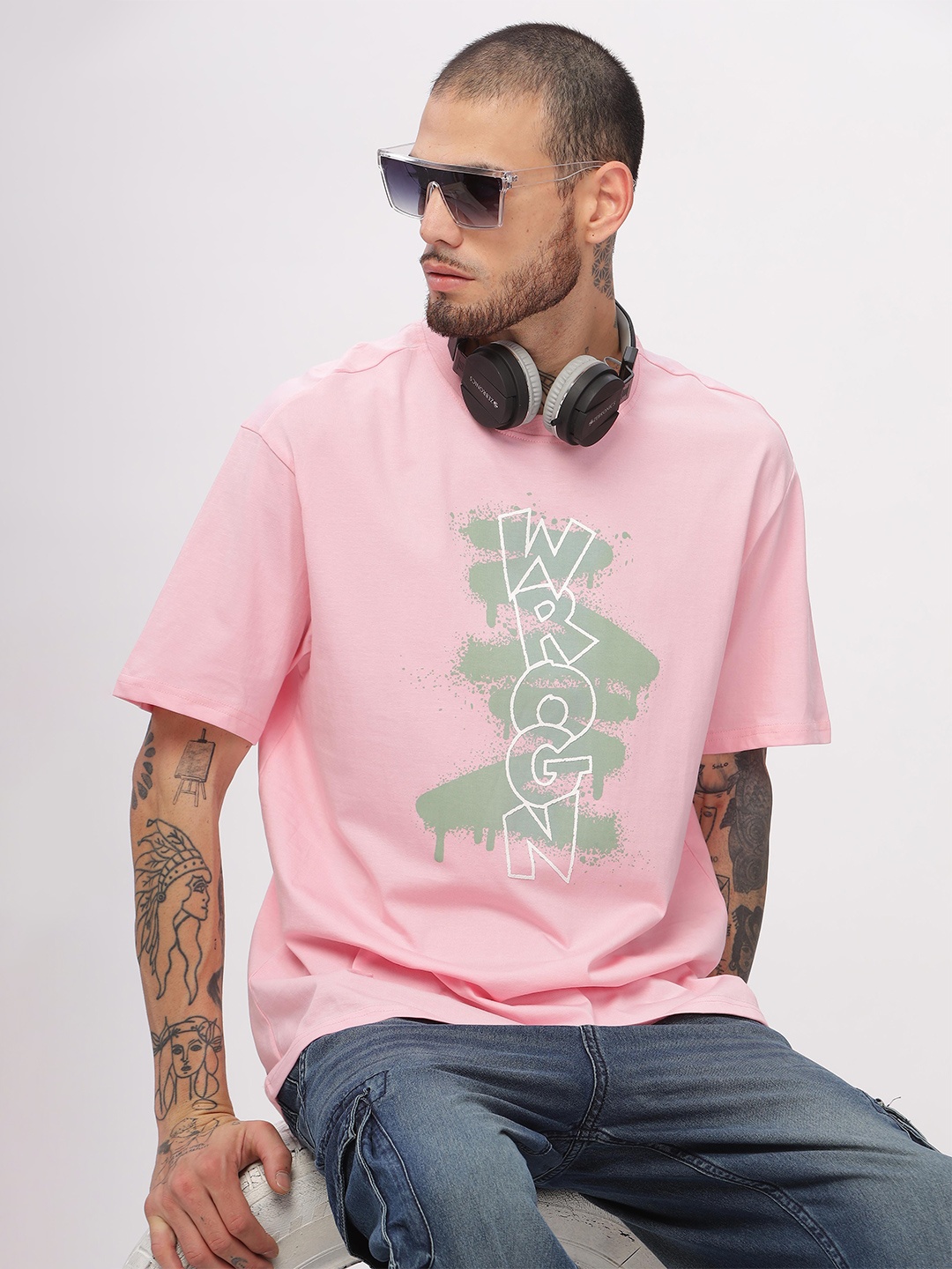 

WROGN Men Round Neck Oversized Typography Printed T-shirt, Pink