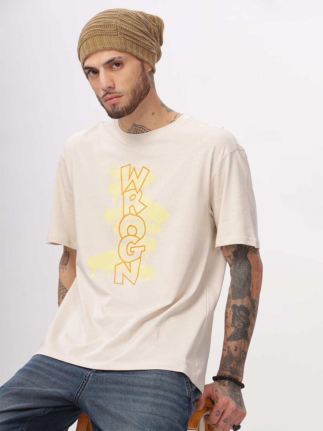 

WROGN Typography Printed Cotton Oversized T-shirt, Beige