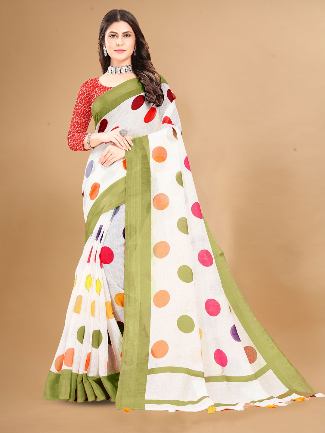 

V3 FASHION STUDIO Polka Dot Zari Pure Linen Saree, White