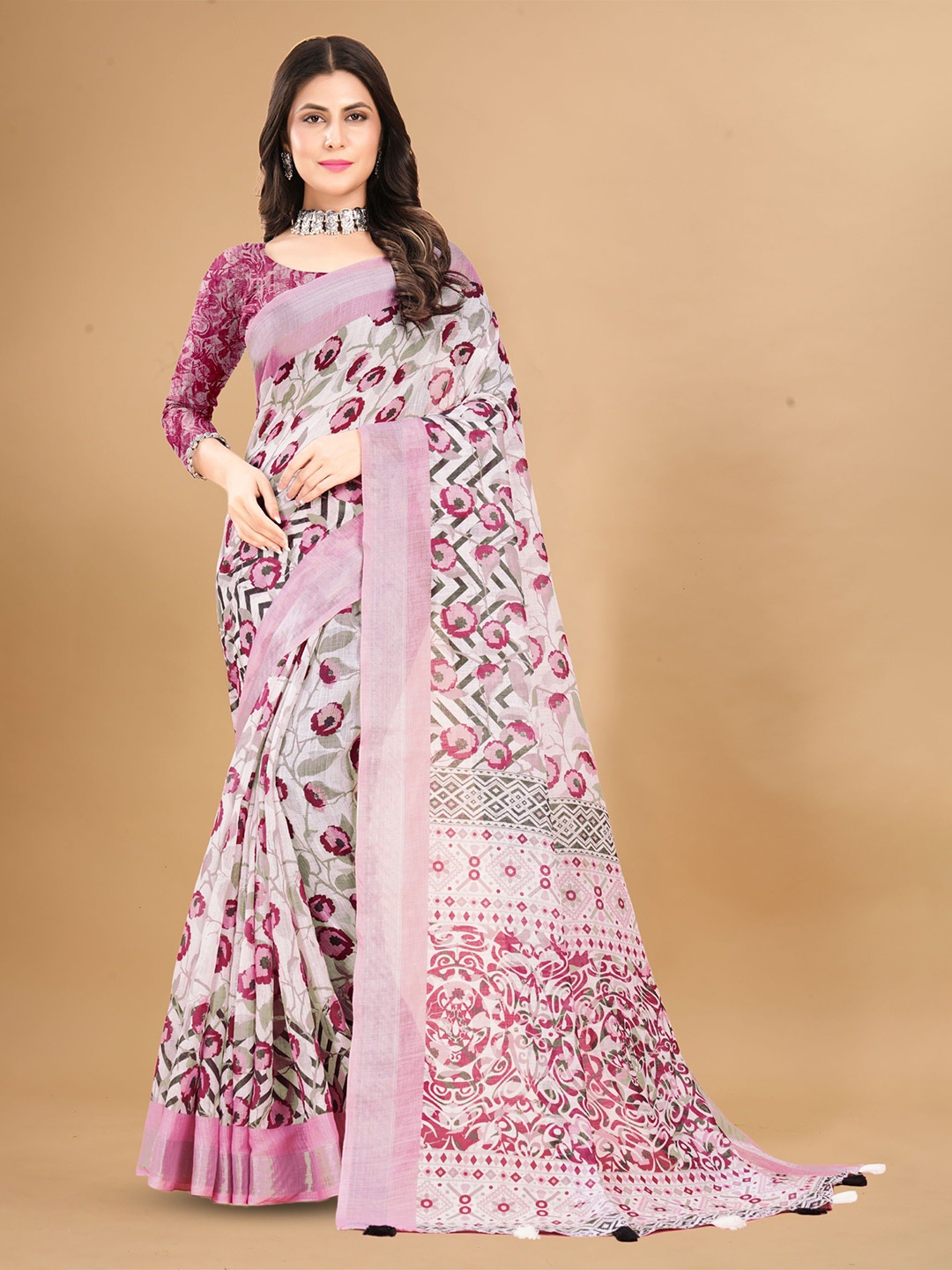 

V3 FASHION STUDIO Floral Zari Pure Linen Saree, Pink