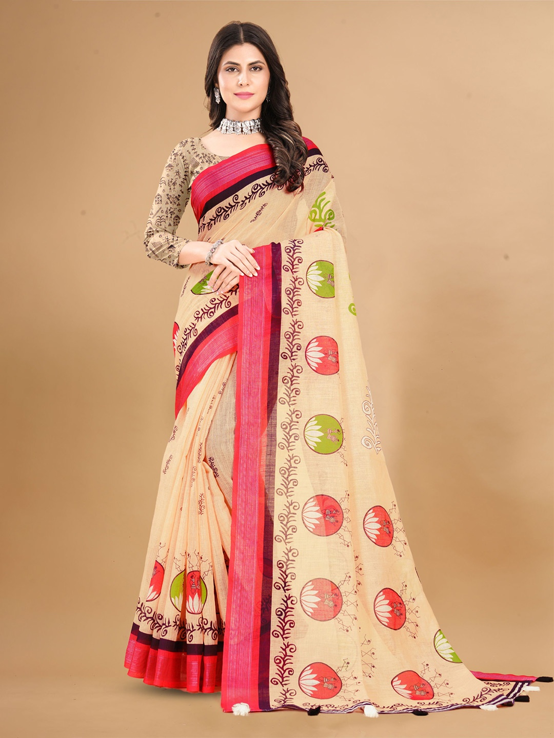 

V3 FASHION STUDIO Floral Pure Linen Saree, Cream
