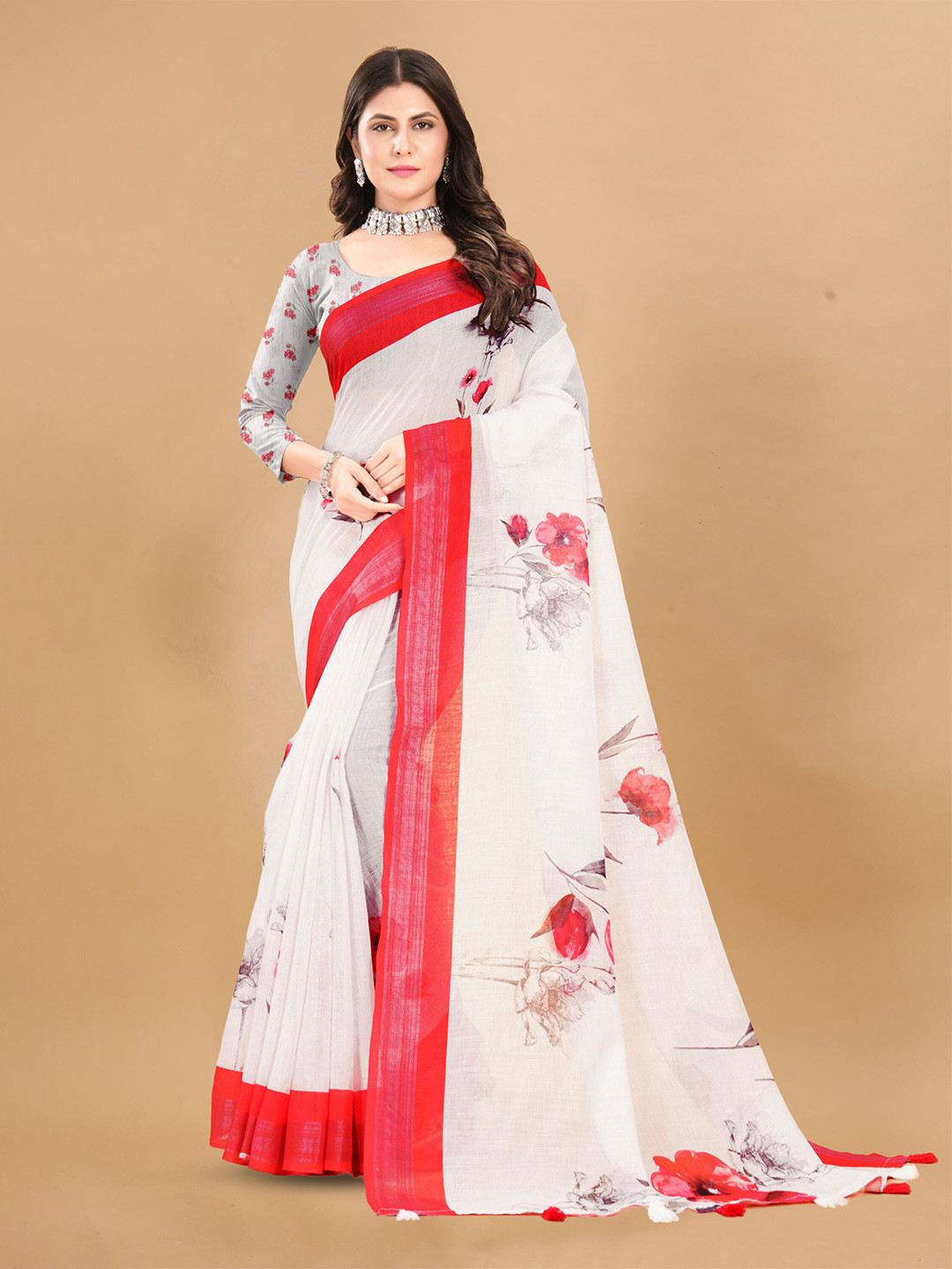 

V3 FASHION STUDIO Floral Zari Pure Linen Saree, White