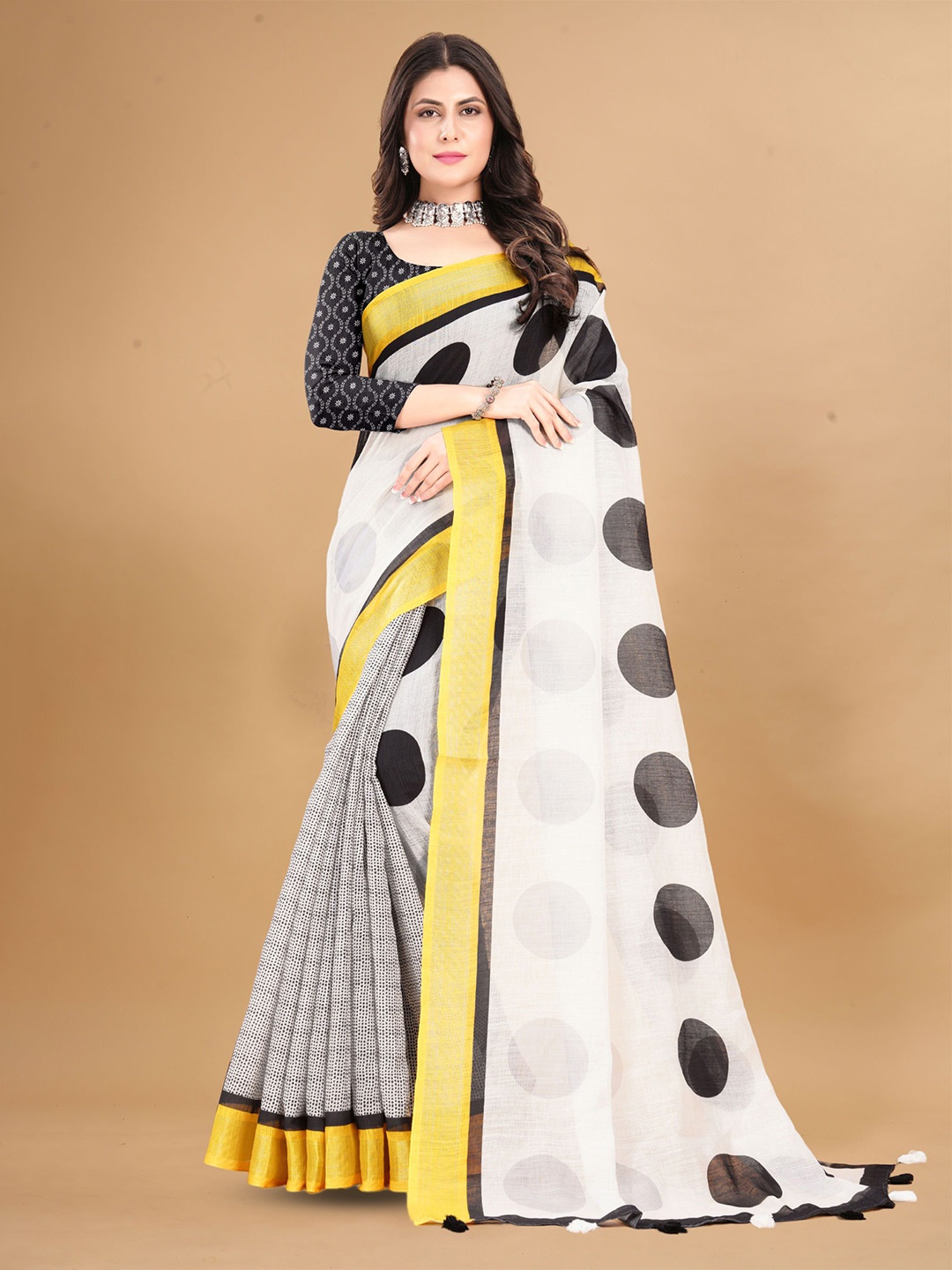 

V3 FASHION STUDIO Polka Dot Pure Linen Saree, White