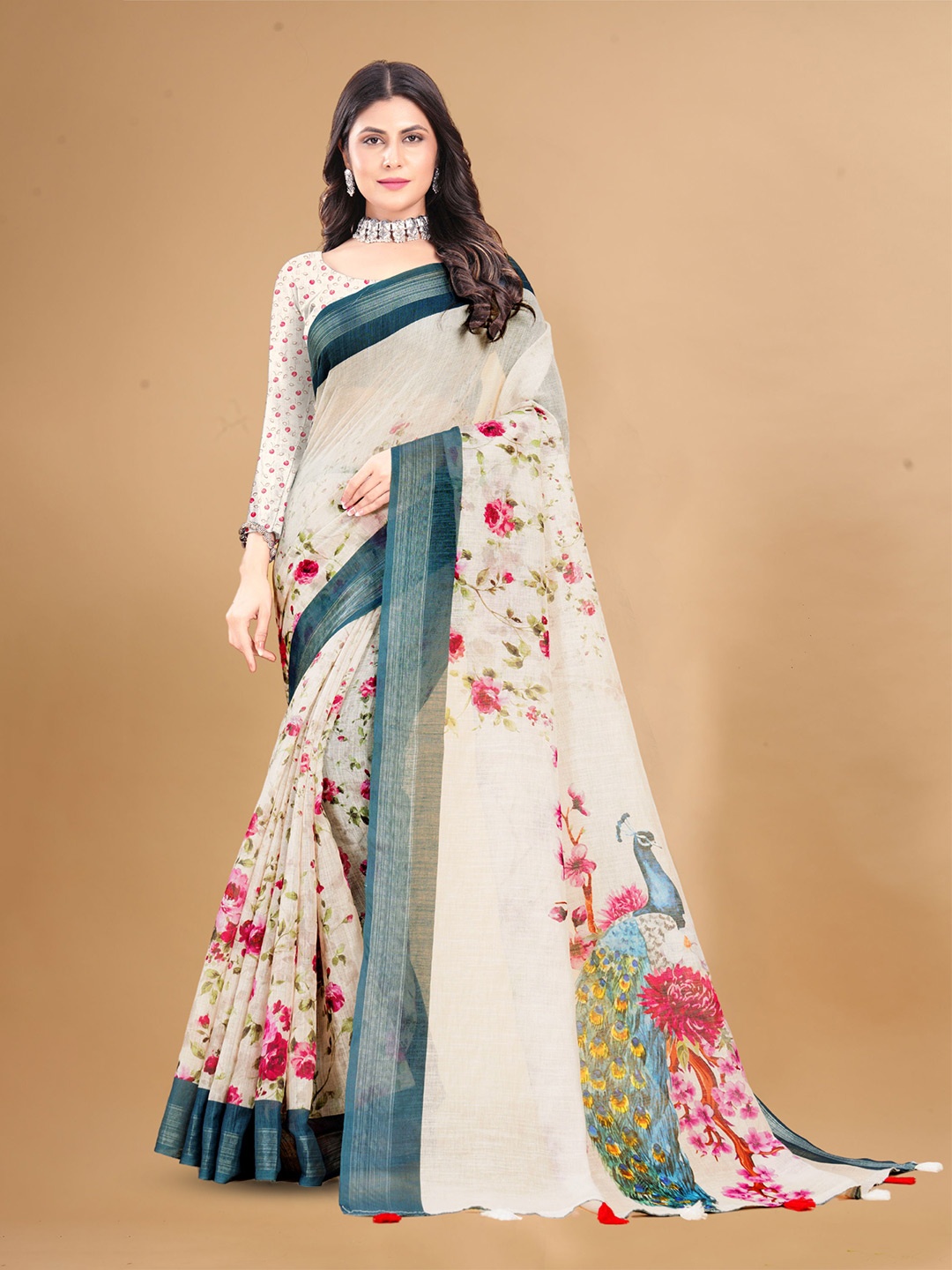 

V3 FASHION STUDIO Floral Zari Pure Linen Saree, White