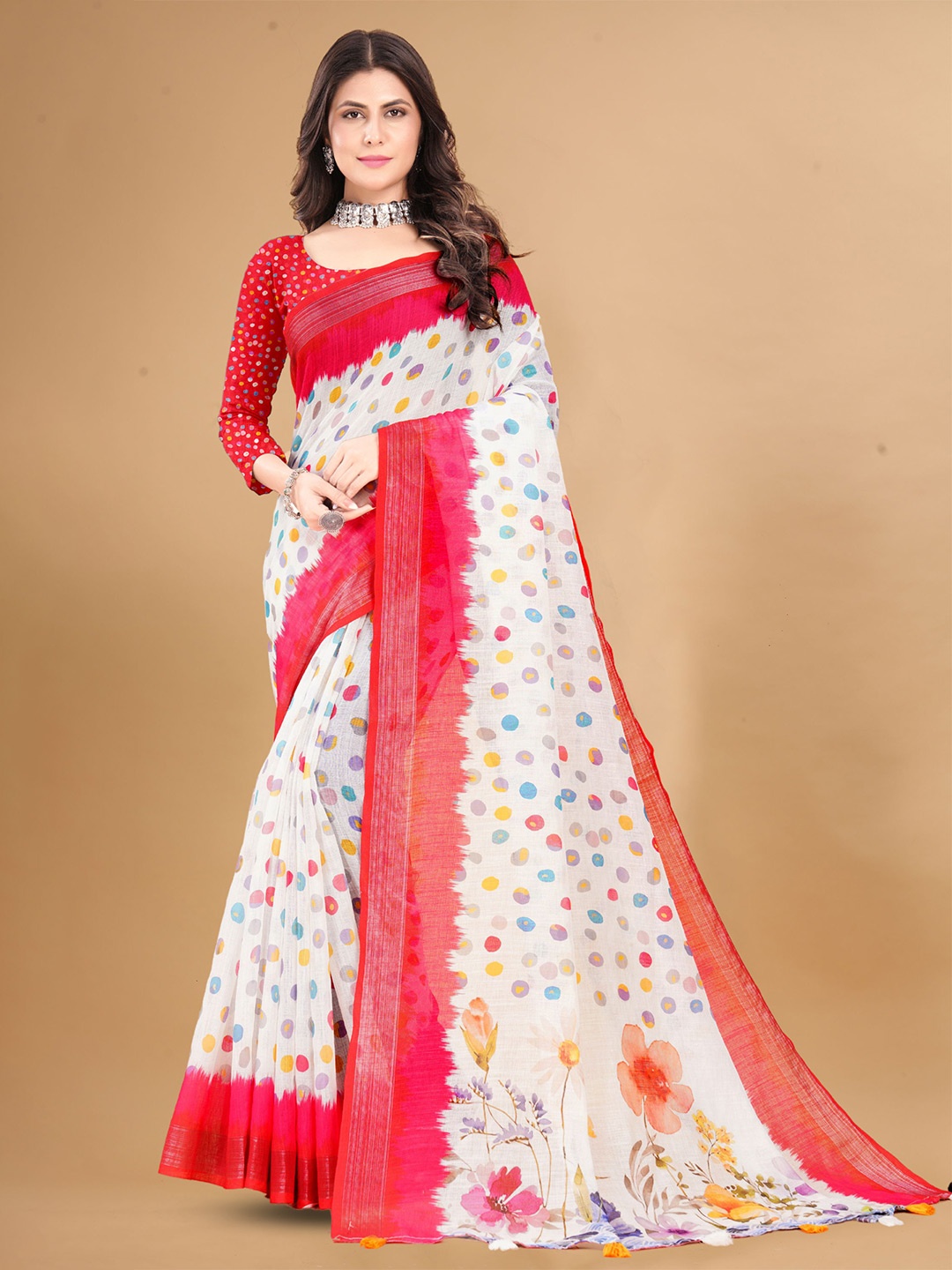 

V3 FASHION STUDIO Polka Dot Zari Pure Linen Saree, White