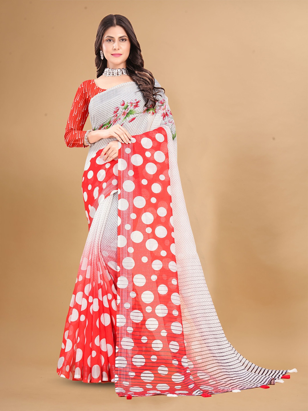 

V3 FASHION STUDIO Polka Dot Zari Pure Linen Saree, White