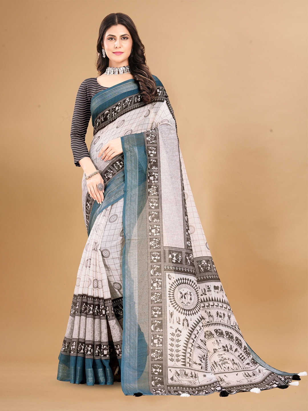 

V3 FASHION STUDIO Ethnic Motifs Zari Pure Linen Saree, White