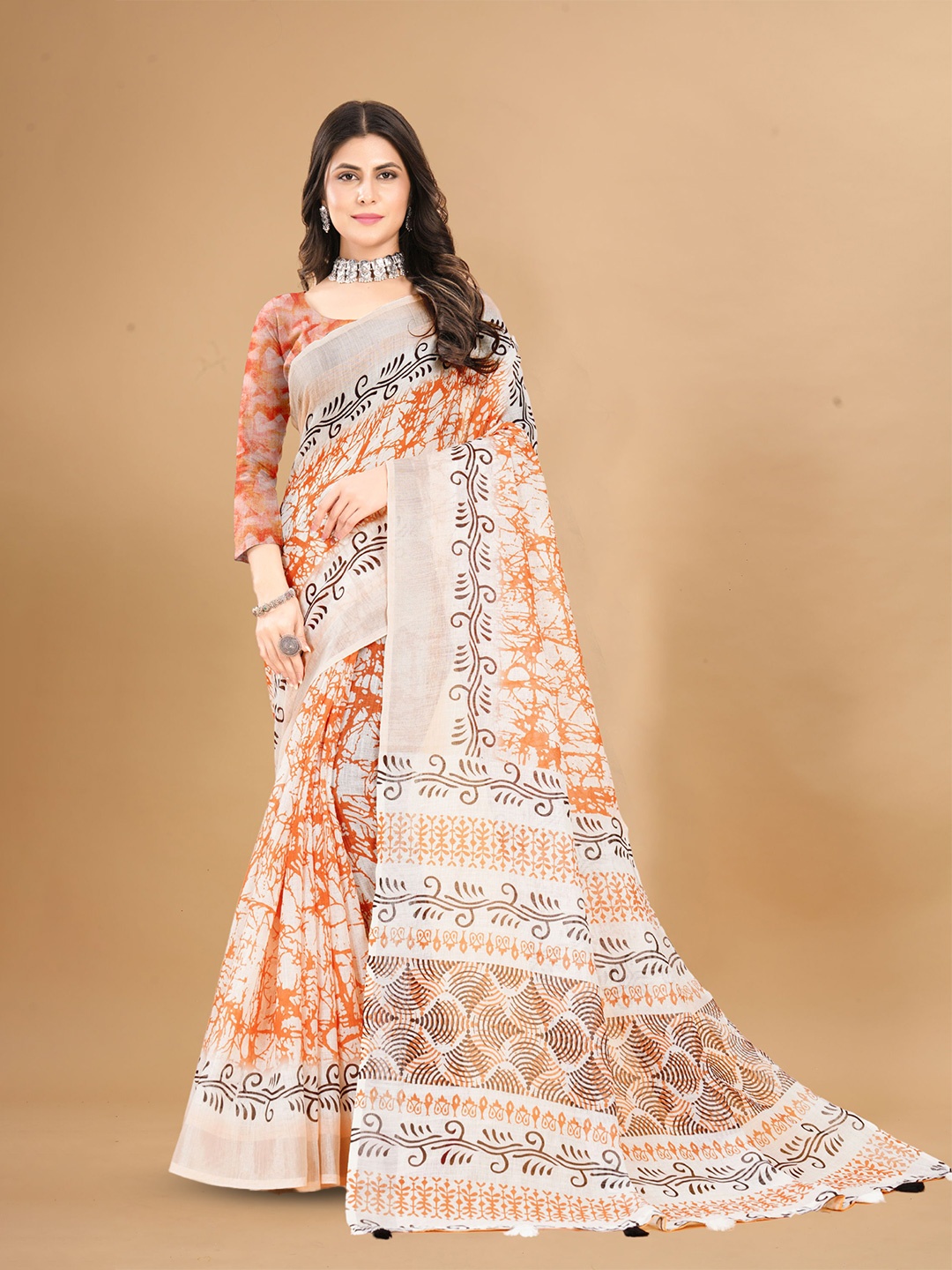

V3 FASHION STUDIO Zari Pure Linen Saree With Blouse Piece, Orange