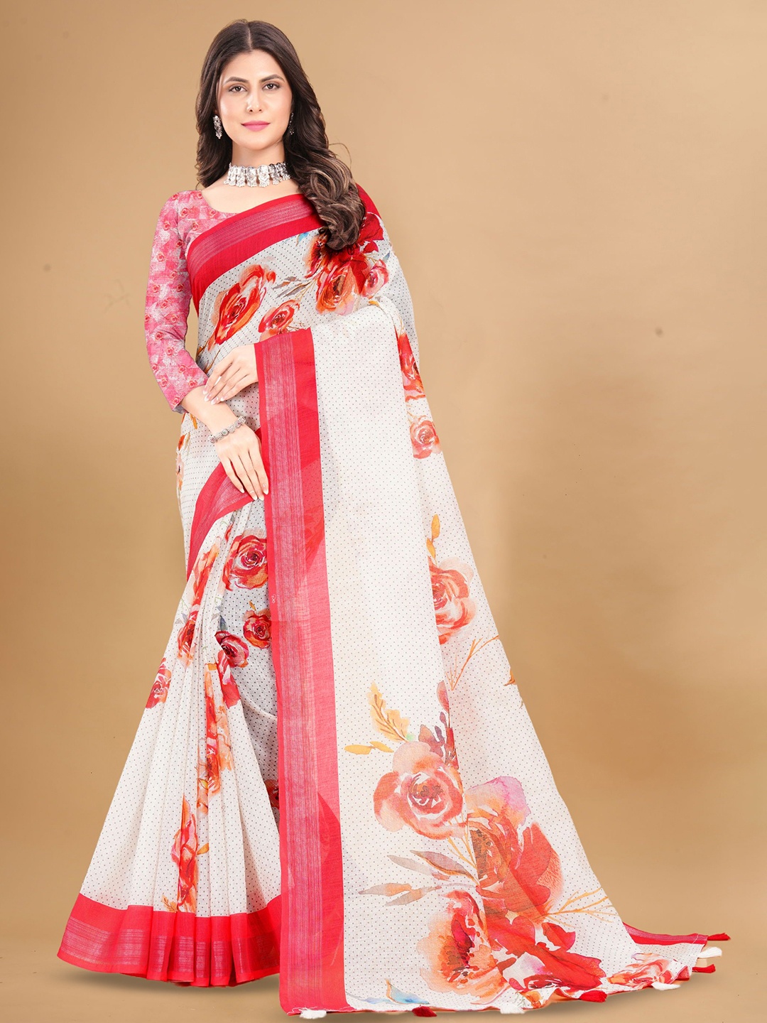 

V3 FASHION STUDIO Floral Zari Pure Linen Saree With Blouse Piece, White