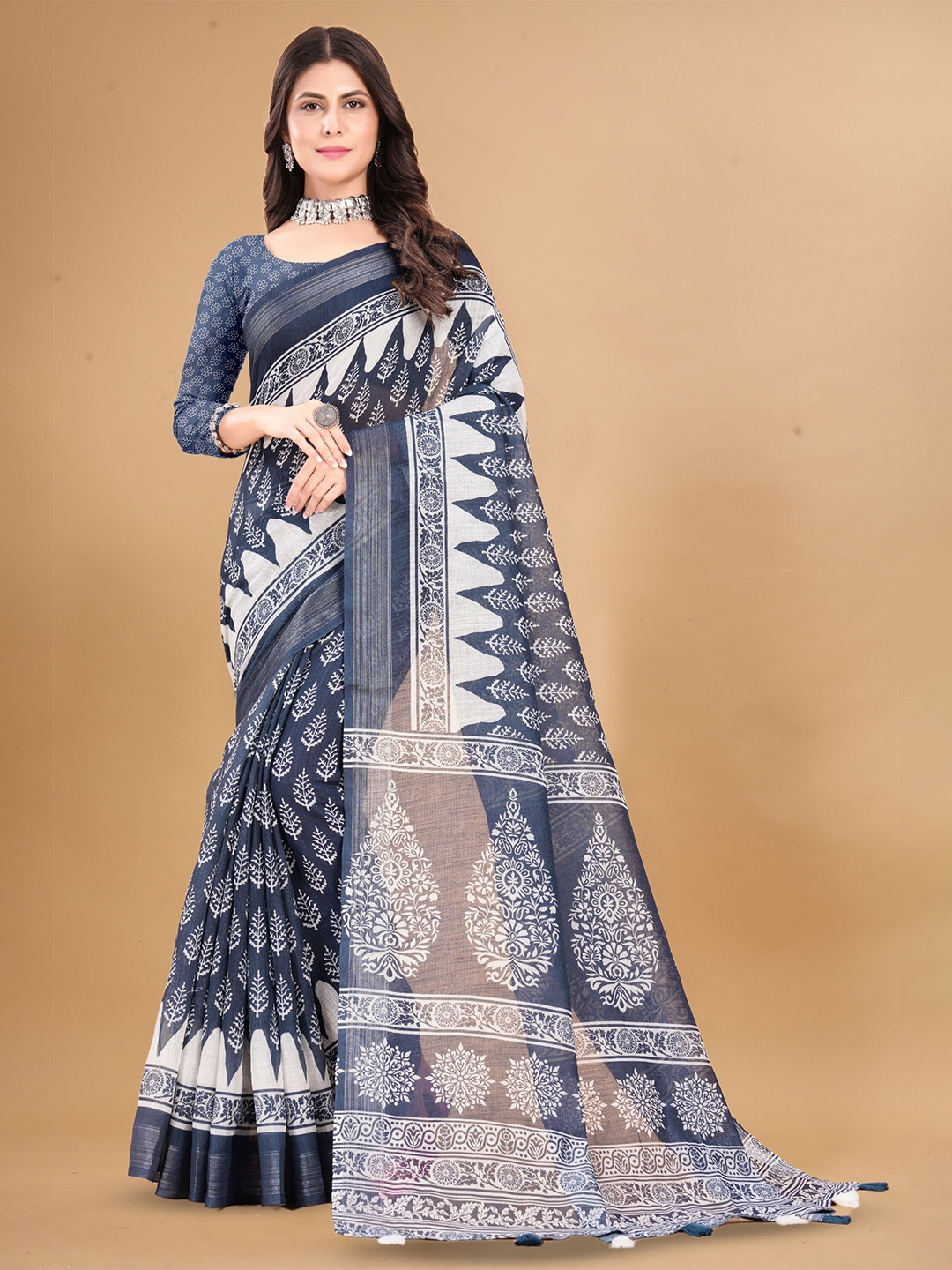 

V3 FASHION STUDIO Ethnic Motifs Zari Pure Linen Saree, Blue