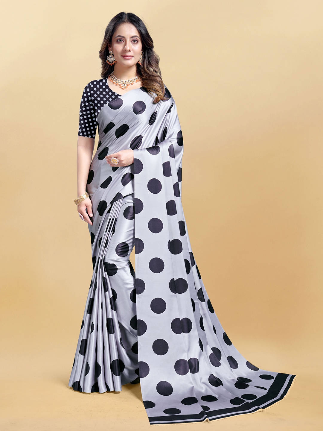 

V3 FASHION STUDIO Polka Dot Satin Leheriya Saree, Grey