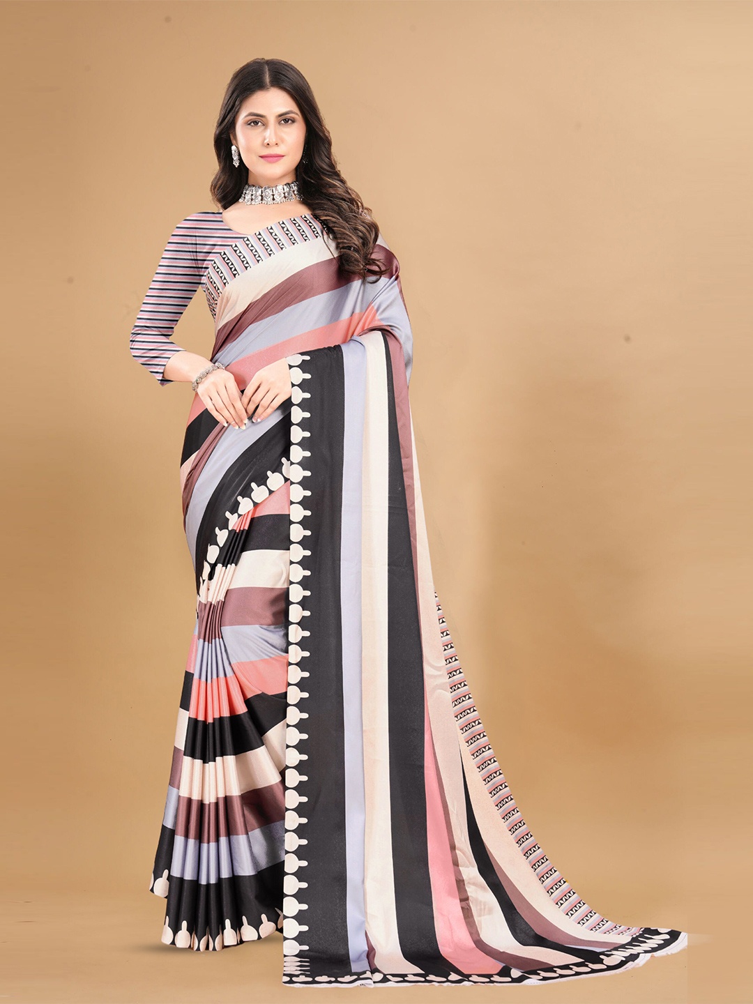 

V3 FASHION STUDIO Striped Satin Leheriya Saree, Black