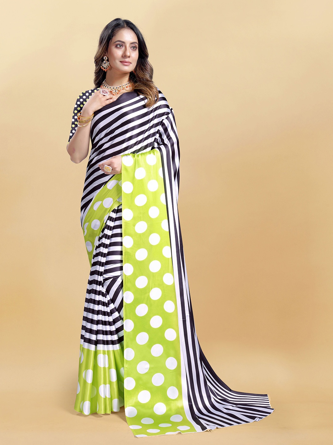 

V3 FASHION STUDIO Striped Satin Leheriya Saree, Black