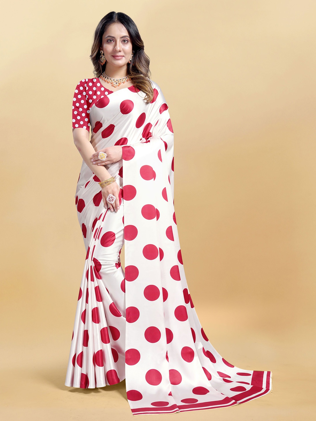 

V3 FASHION STUDIO Polka Dot Satin Leheriya Saree, White