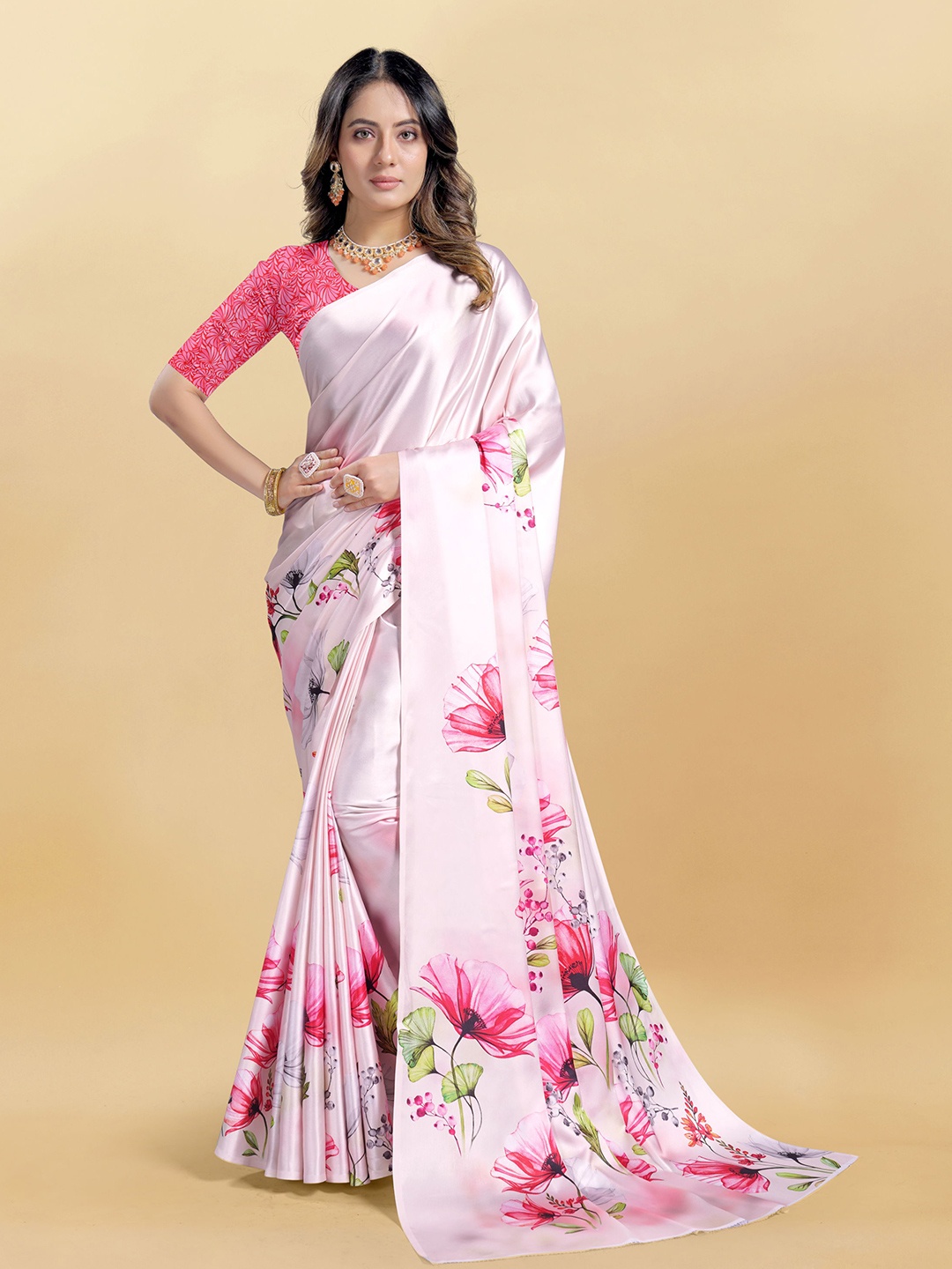 

V3 FASHION STUDIO Floral Satin Leheriya Saree, Pink