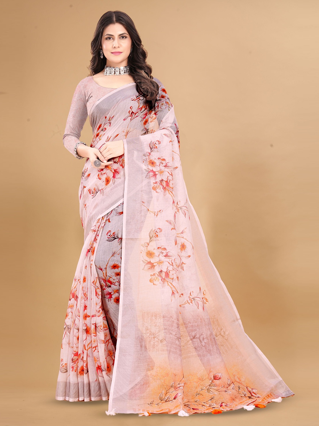 

V3 FASHION STUDIO Floral Zari Pure Linen Saree, Pink