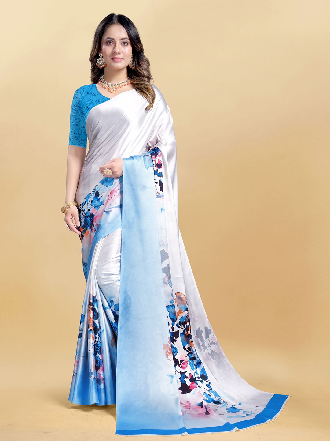 

V3 FASHION STUDIO Floral Satin Saree, White
