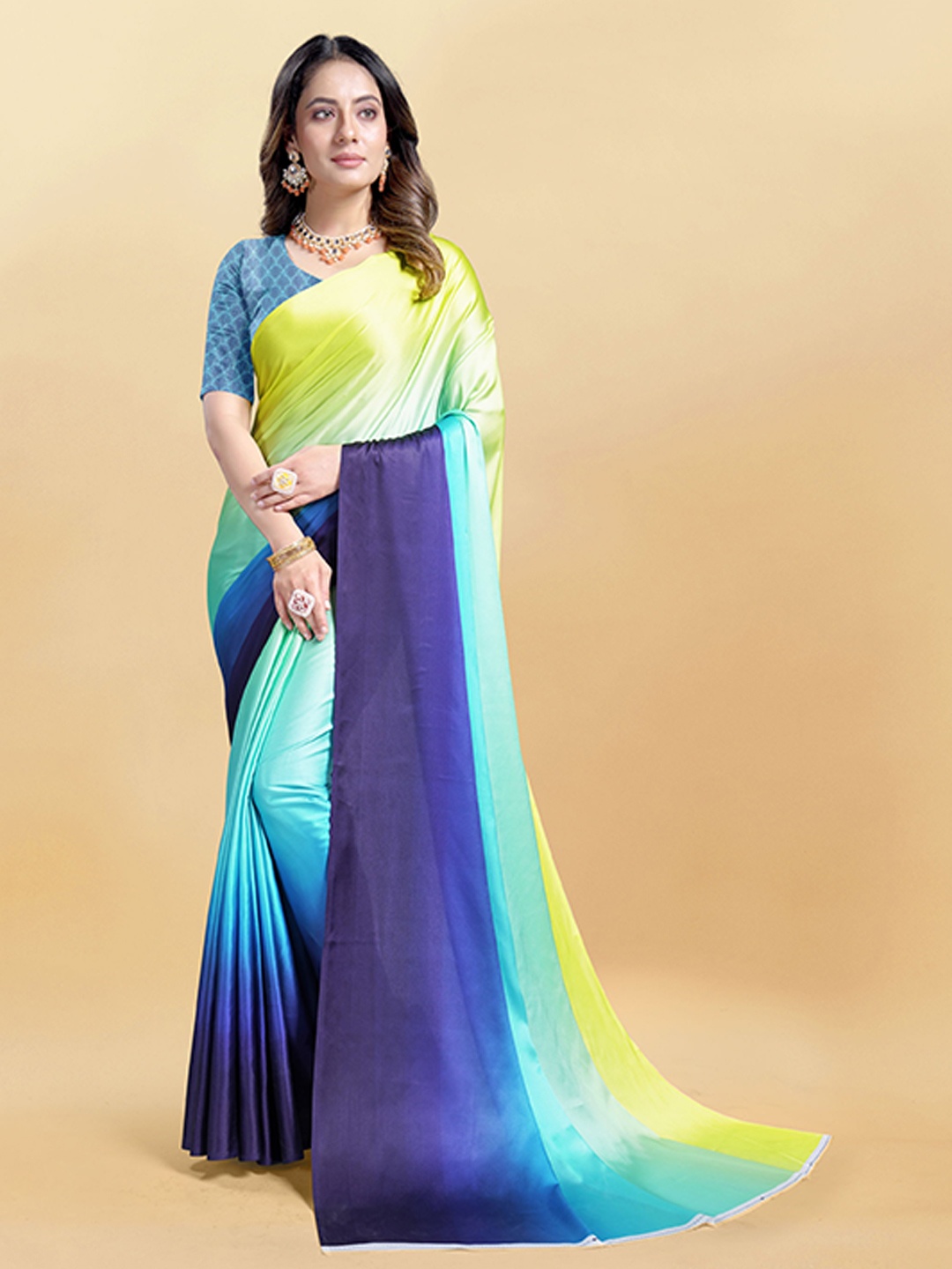 

V3 FASHION STUDIO Ethnic Motifs Satin Saree, Blue