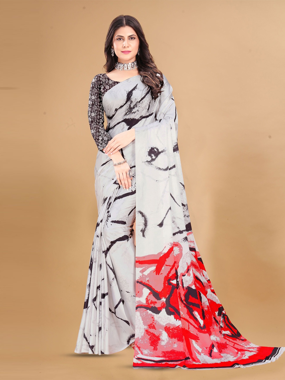 

V3 FASHION STUDIO Satin Leheriya Saree, White