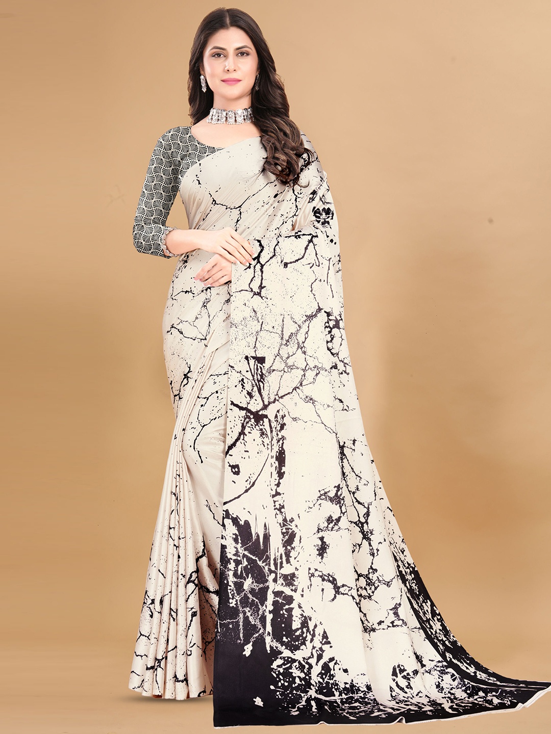 

V3 FASHION STUDIO Abstract Printed Satin Saree, Cream