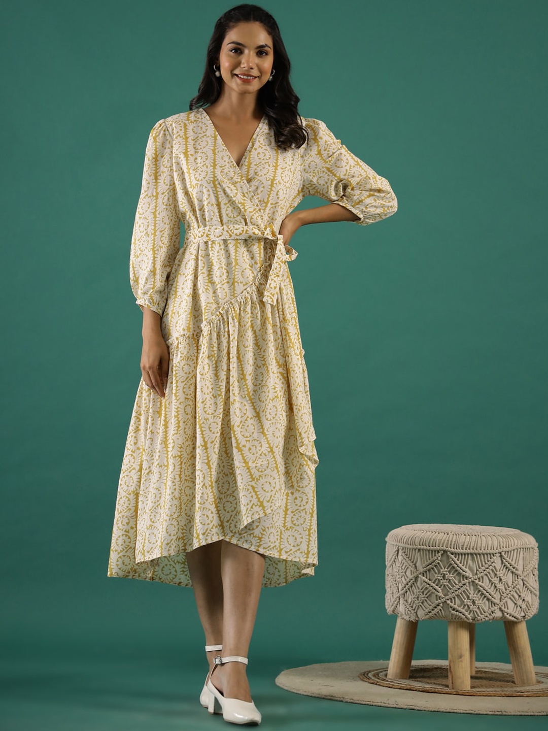 

Sangria Printed Cotton Wrap Ethnic Dress, White