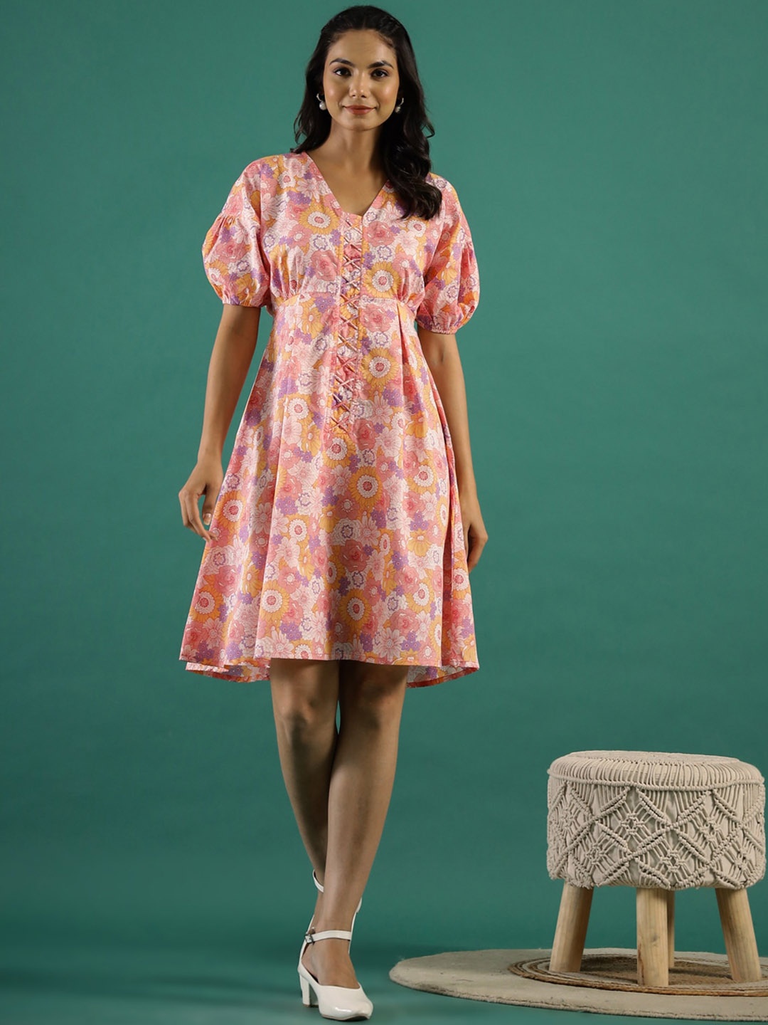 

Sangria Printed Cotton A-Line Ethnic Dress, Pink