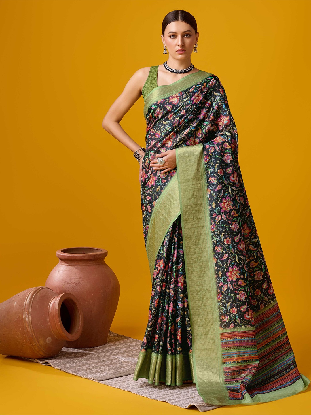 

Mitera Kalamkari Zari Saree, Green