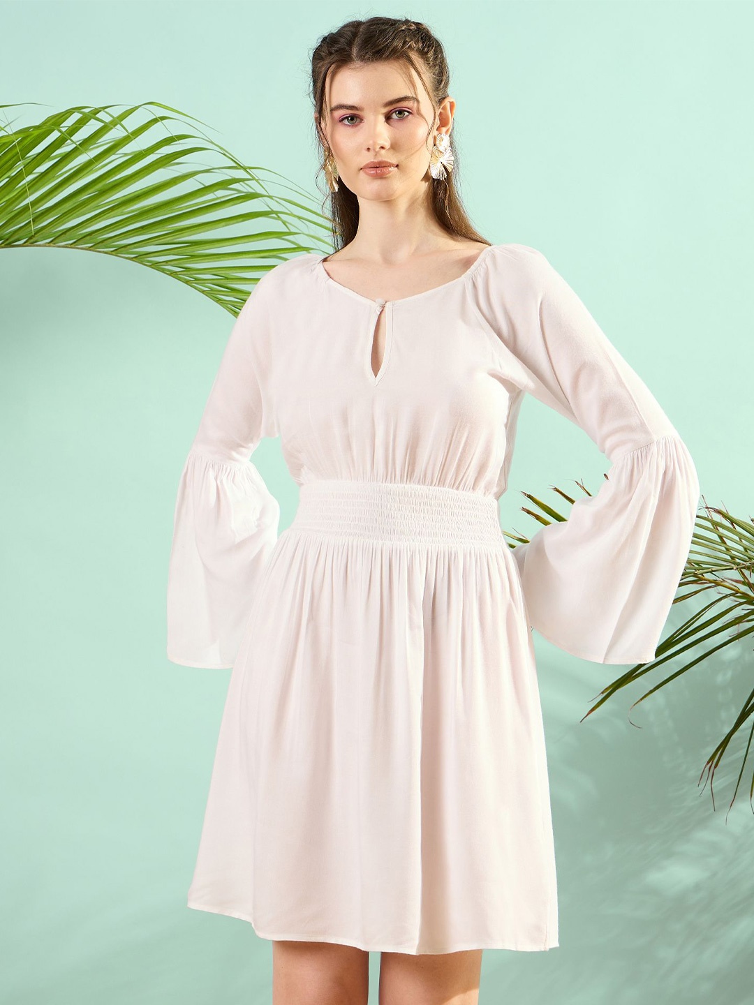

KASSUALLY Keyhole Neck Bell Sleeve Smocked Pure Cotton Fit & Flare Dress, White