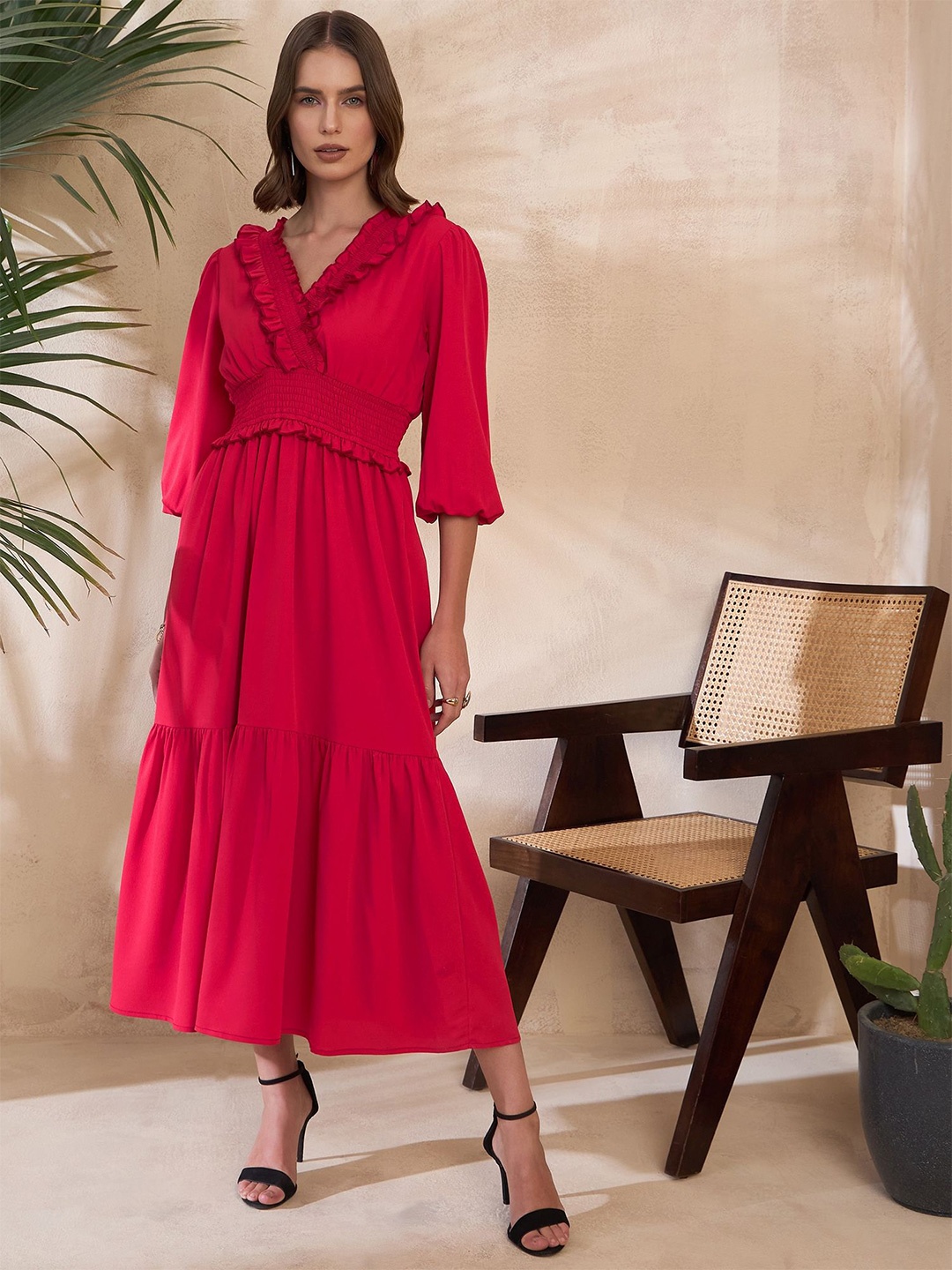 

KASSUALLY V Neck Ruffled Fit And Flare Midi Dress, Red