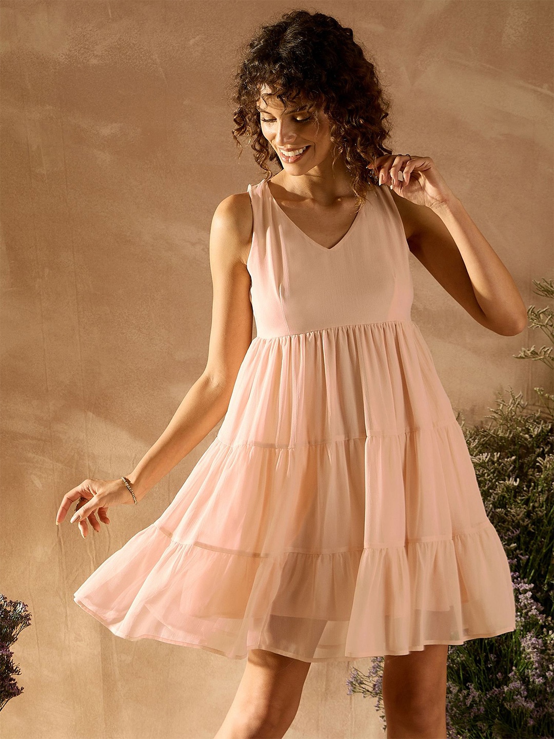 

KASSUALLY V Neck Chiffon Fit and Flare Dress, Peach