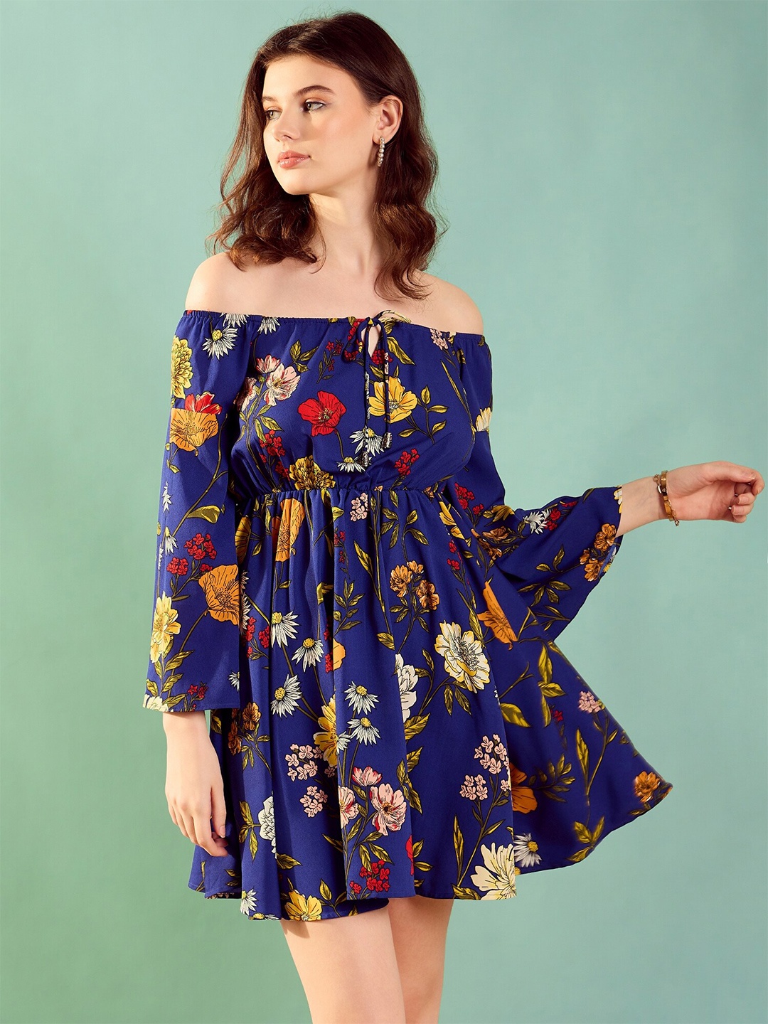 

KASSUALLY Floral Printed Off-Shoulder Bell Sleeve Crepe Fit & Flare Dress, Blue