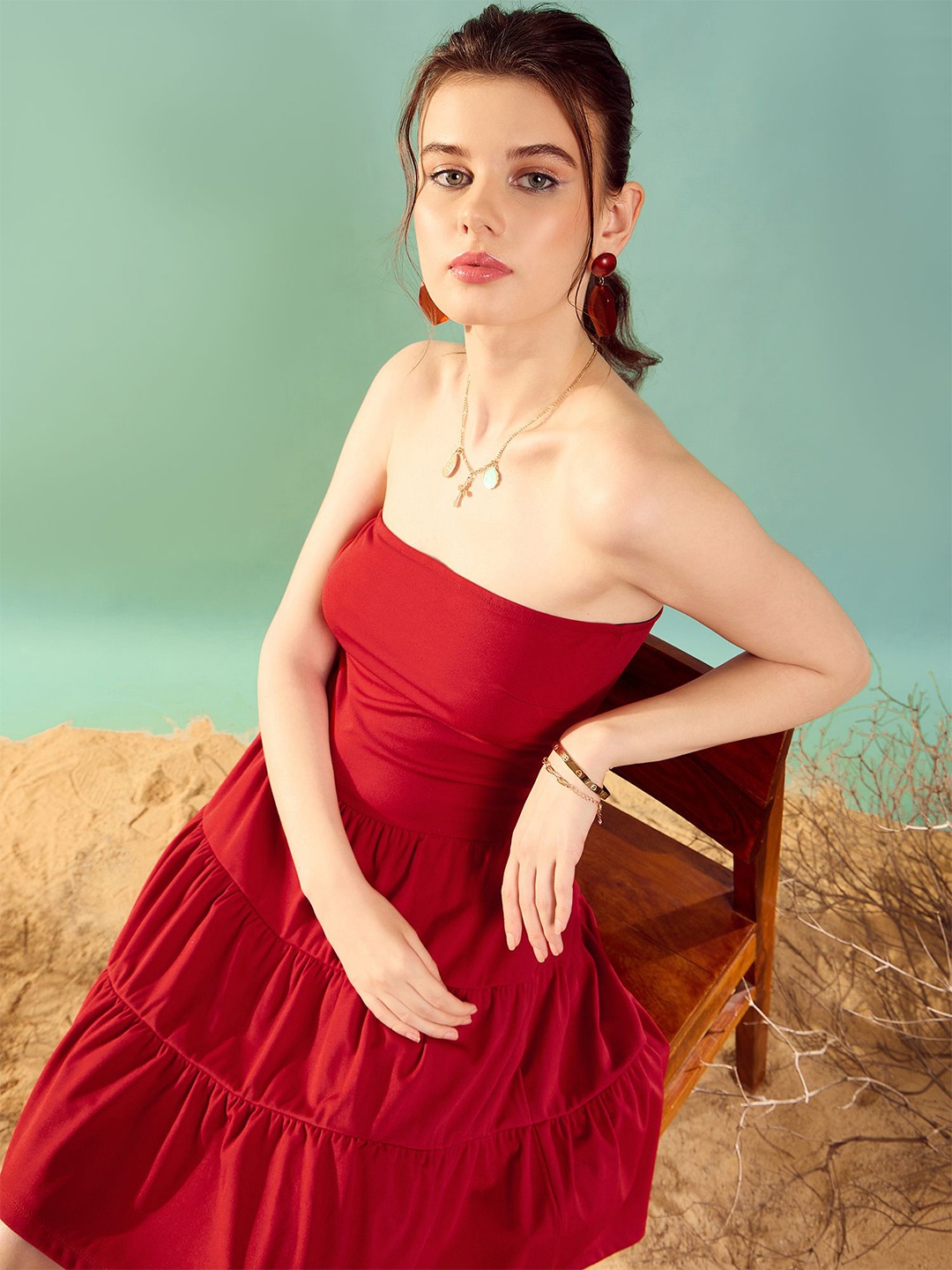 

KASSUALLY Strapless Layered Fit and Flare Dress, Red