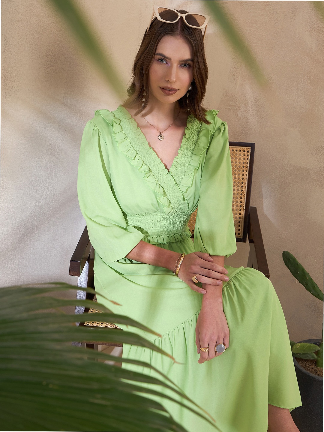 

KASSUALLY Puff Sleeves Ruffled Smocked Tiered Fit & Flare Midi Dress, Green