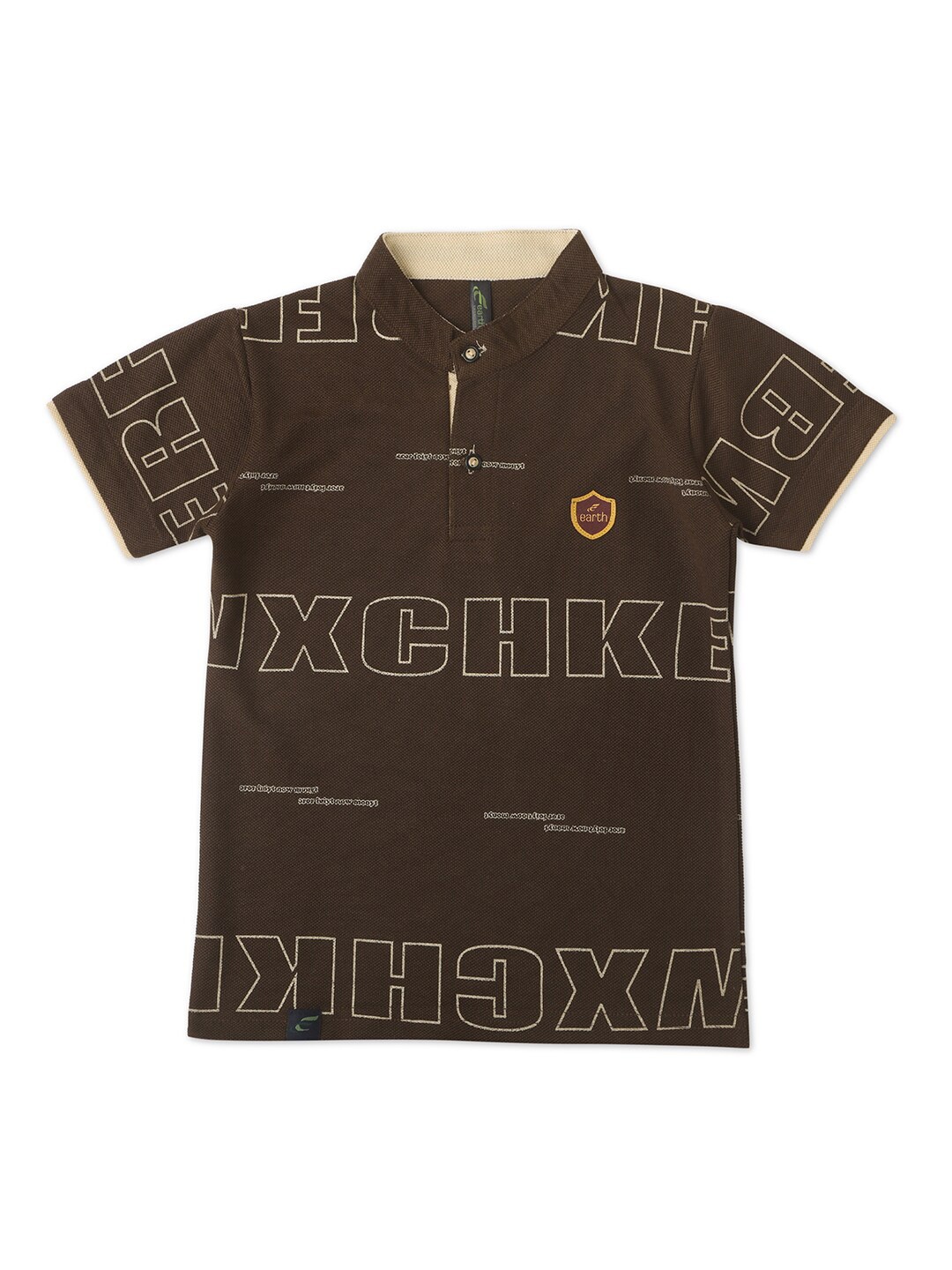 

earth conscious Boys Typography Printed Mandarin Collar T-shirt, Coffee brown