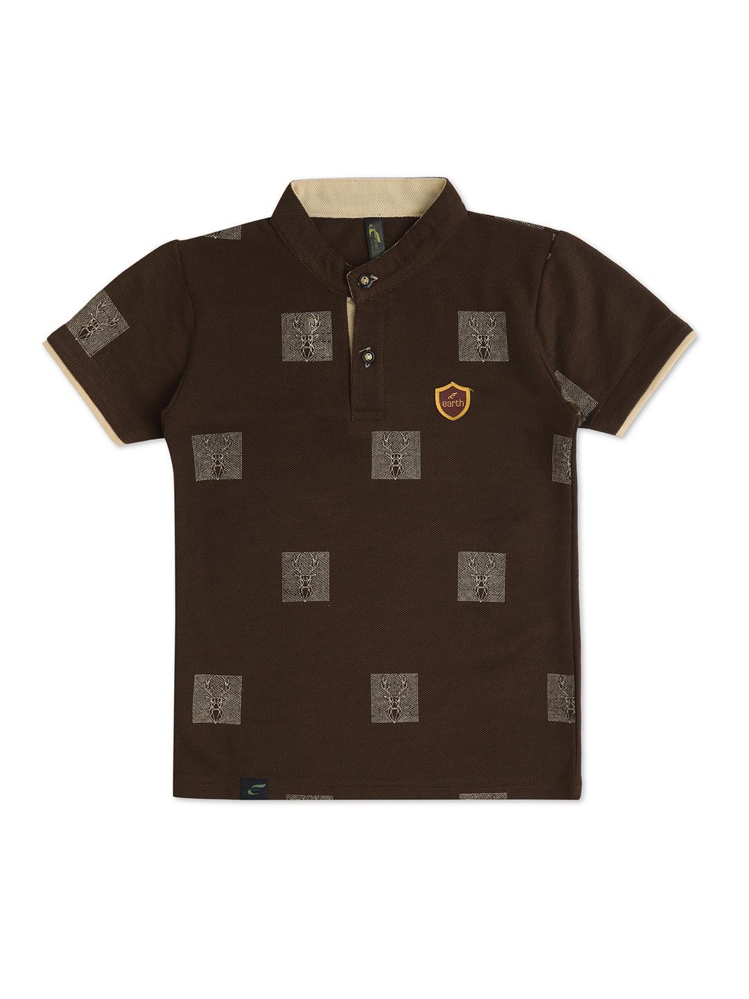 earth conscious Boys Mandarin Collar Applique T-shirt, Coffee brown