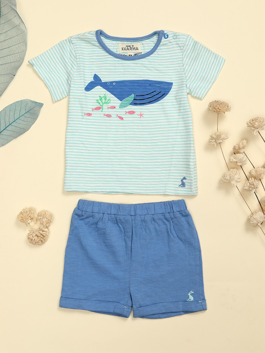 

HOUSE OF KKARMA Girls Striped Pure Cotton T-shirt with Shorts, Blue