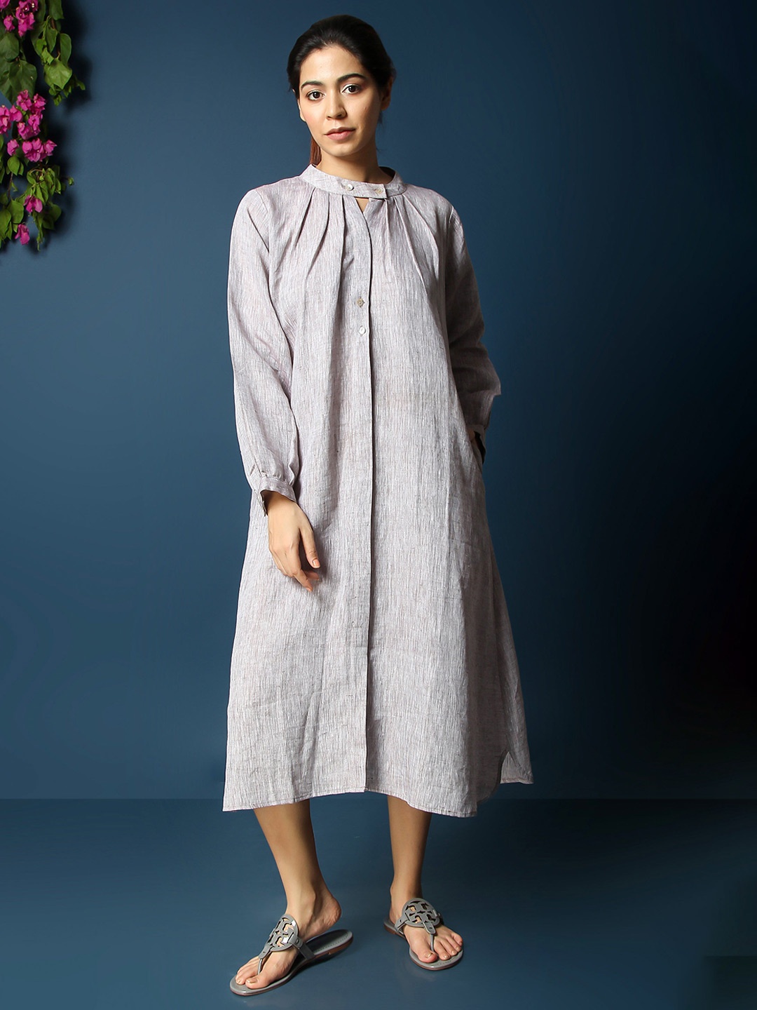 

VASSTRAM Keyhole Neck Puff Sleeve Linen Maxi Midi Dress, Grey