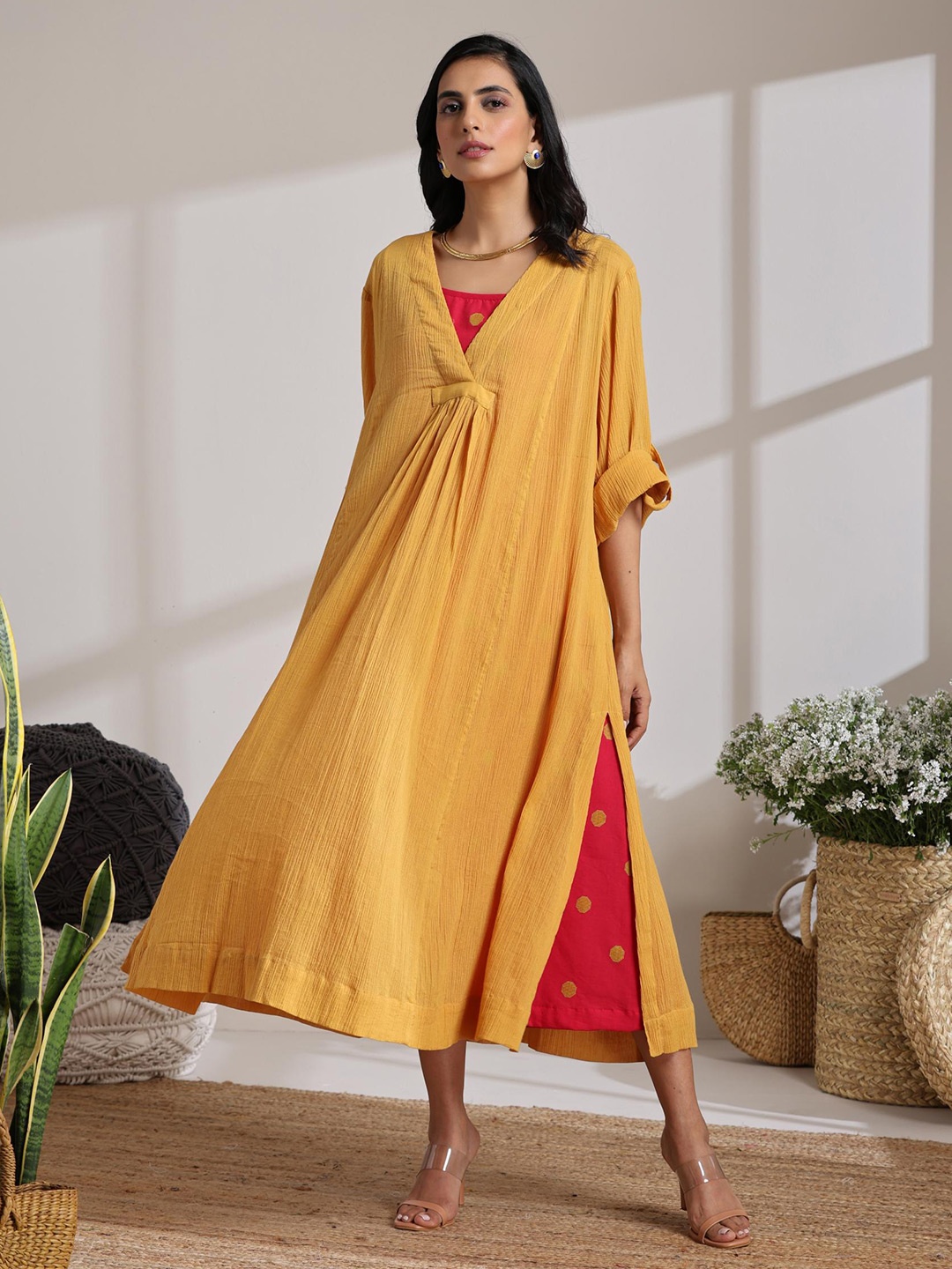 

VASSTRAM Polka Dot Printed Cotton A-Line Midi Dress, Yellow