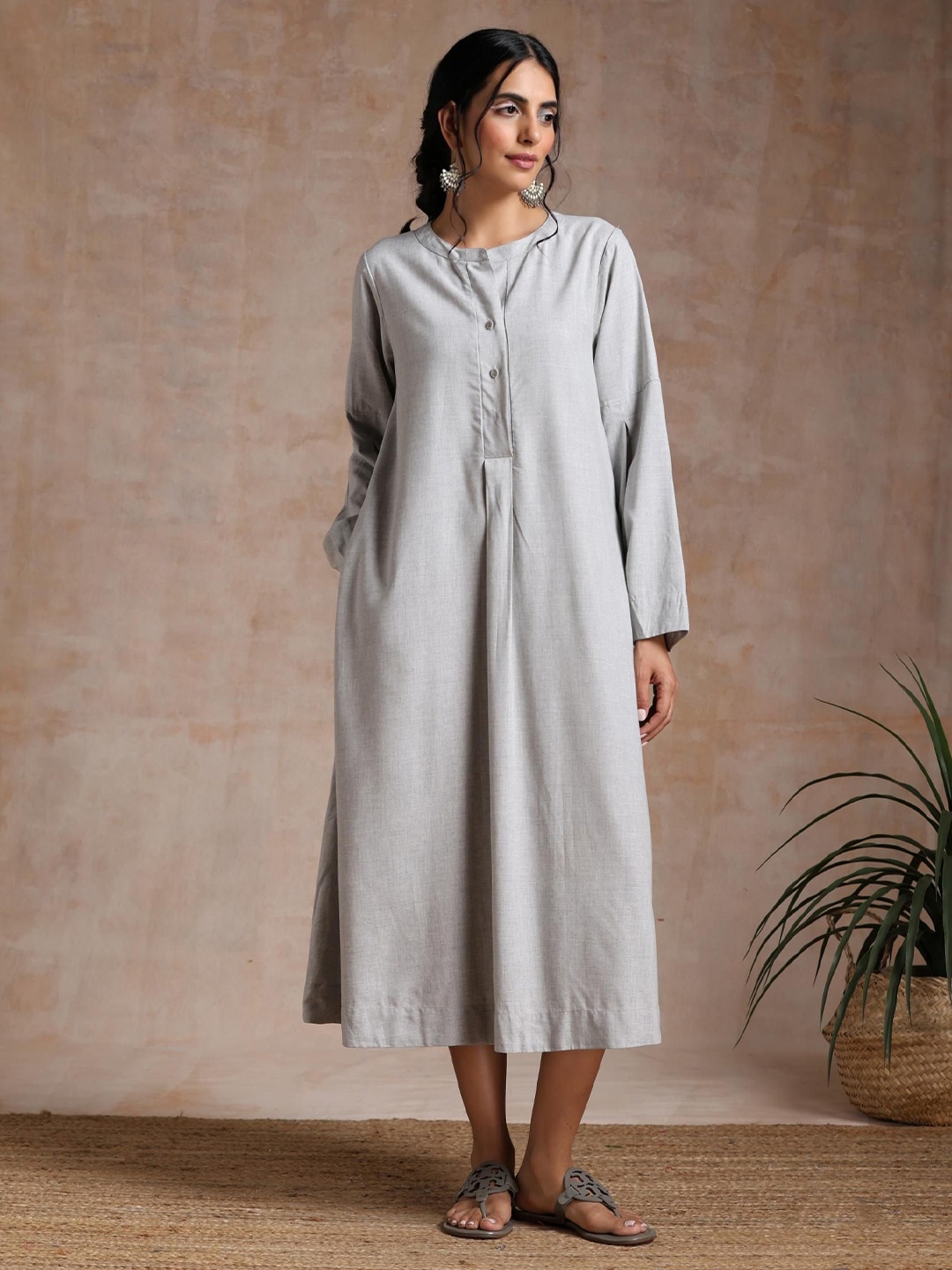 

VASSTRAM Bell Sleeves Cotton A-Line Midi Dress, Beige