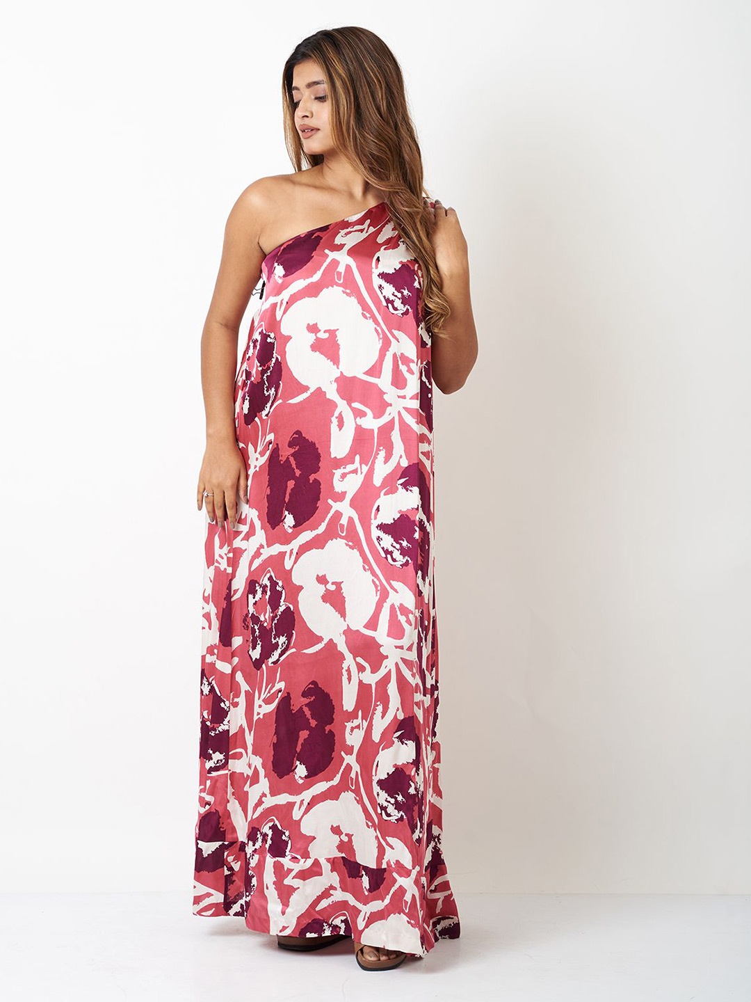 

VASSTRAM Floral Print Satin Maxi Dress, Magenta