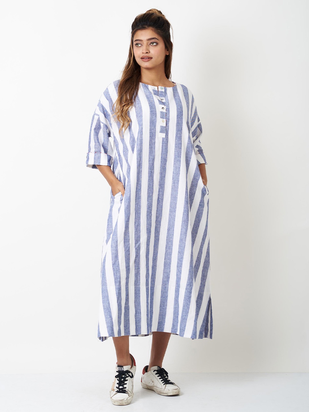 

VASSTRAM Striped Cotton Fit & Flare Dress, White